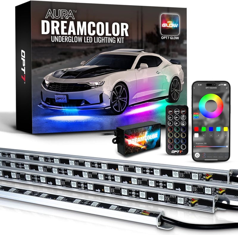 OPT7 Aura DreamColor Underglow Chasing Lights for Car with APP & Remote Control, Waterproof Rigid Aluminum LED Light Bar, Exterior Neon Accent Underbody RGBIC Light Kit, Multi Colors Music Mode, 12V - Image 1